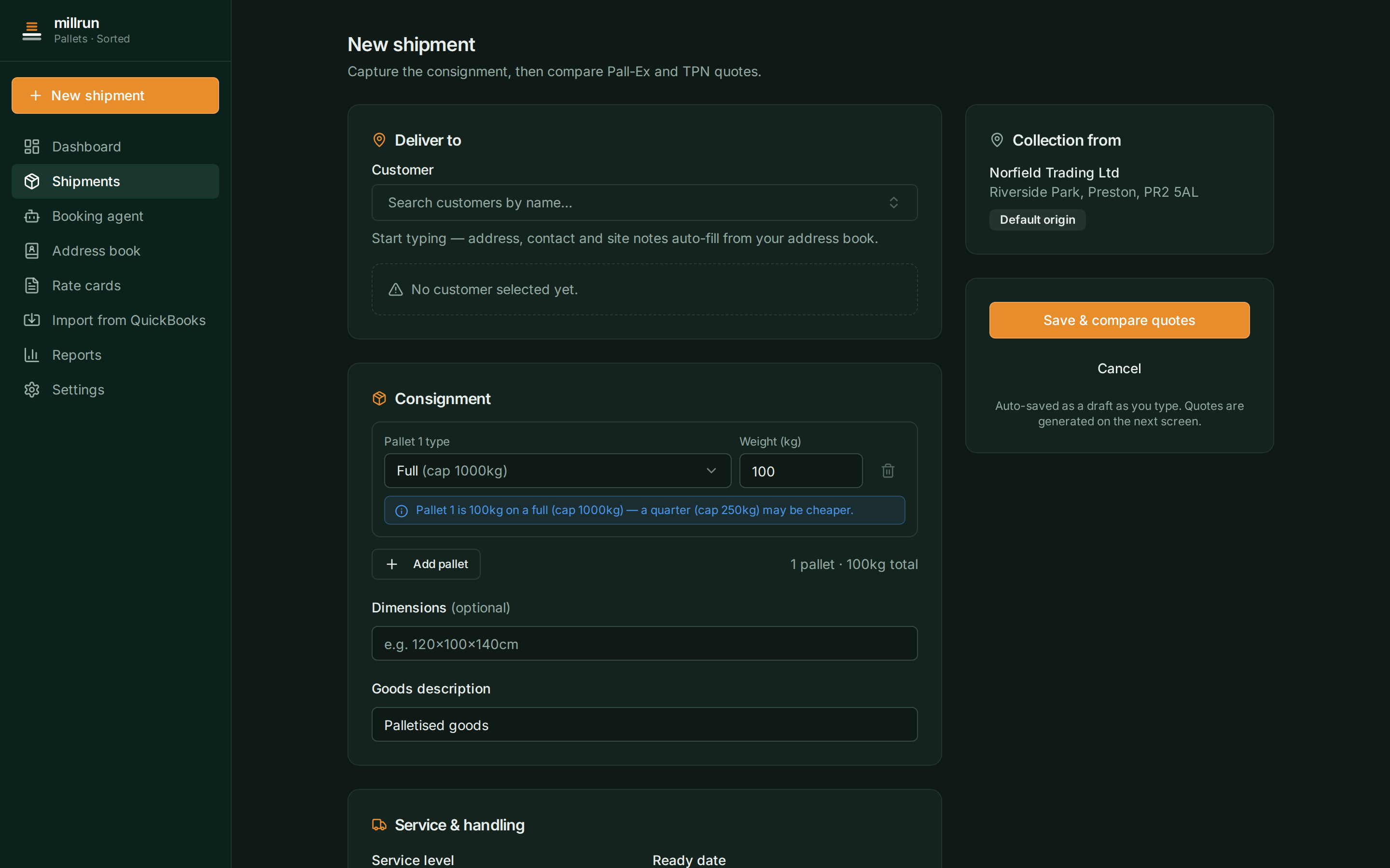 Millrun new shipment screen — capture the consignment once, then compare network quotes