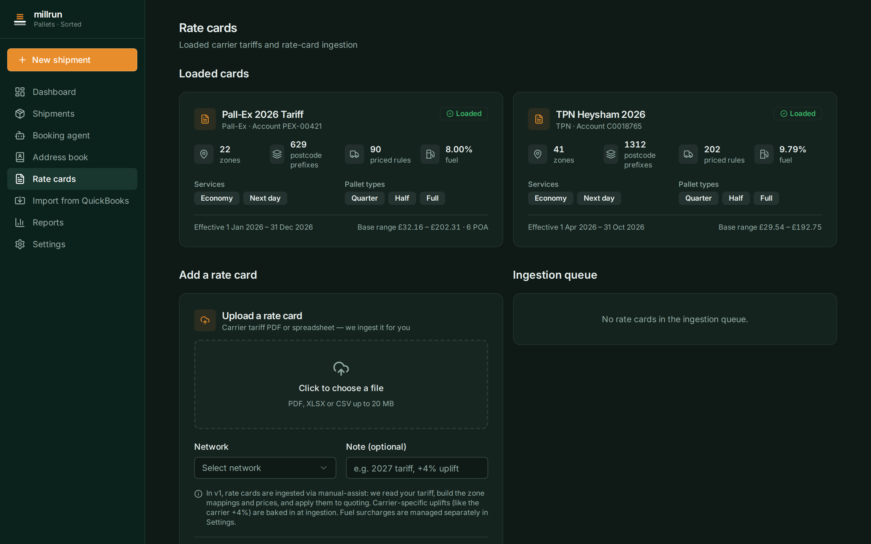 Millrun rate cards screen — carrier tariffs ingested with zones, priced rules and fuel surcharges