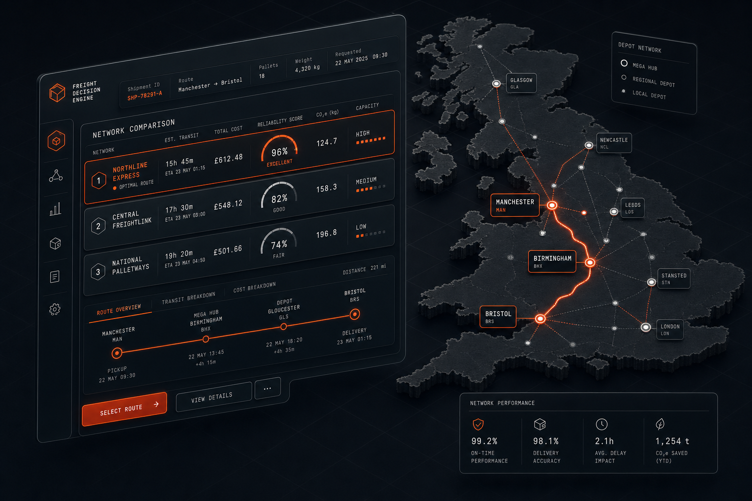 Millrun freight decision engine comparing pallet networks across a UK route map